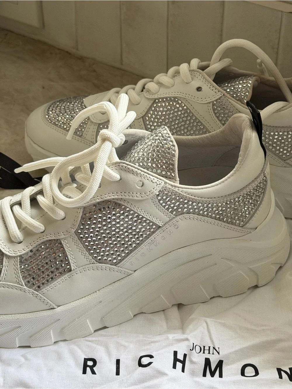 John Richmond White Sneakers with Silver Crystal Panels